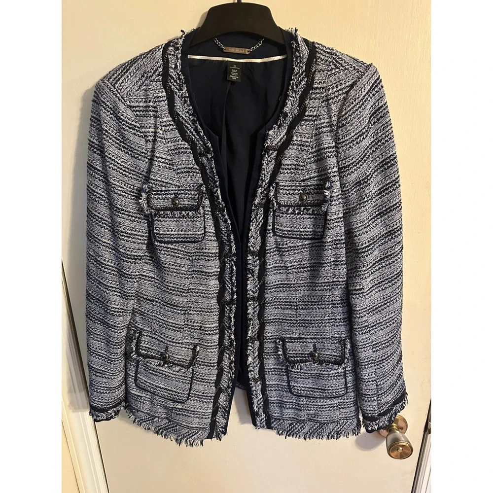 WHBM White House Black Market Blue Tweed Fringe Blazer Women Sz 10 Office Siren